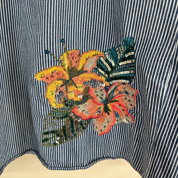 Zara Floral Embroidered Denim Striped Balloon Puff Sleeve Top SMALL - Picture 3 of 12